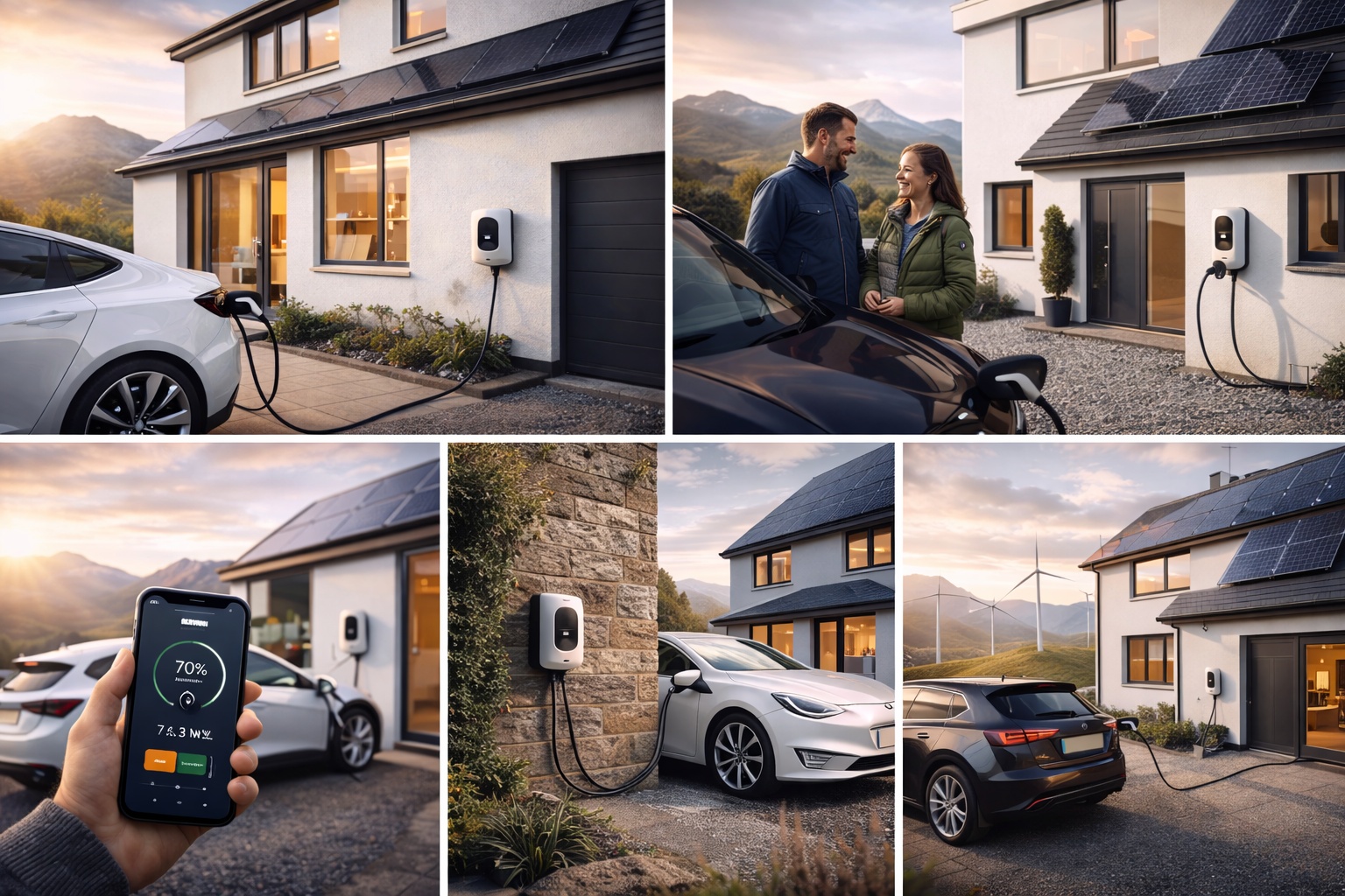 Electric vehicle charging at Scottish home with EV charger and solar panels - sustainable transport