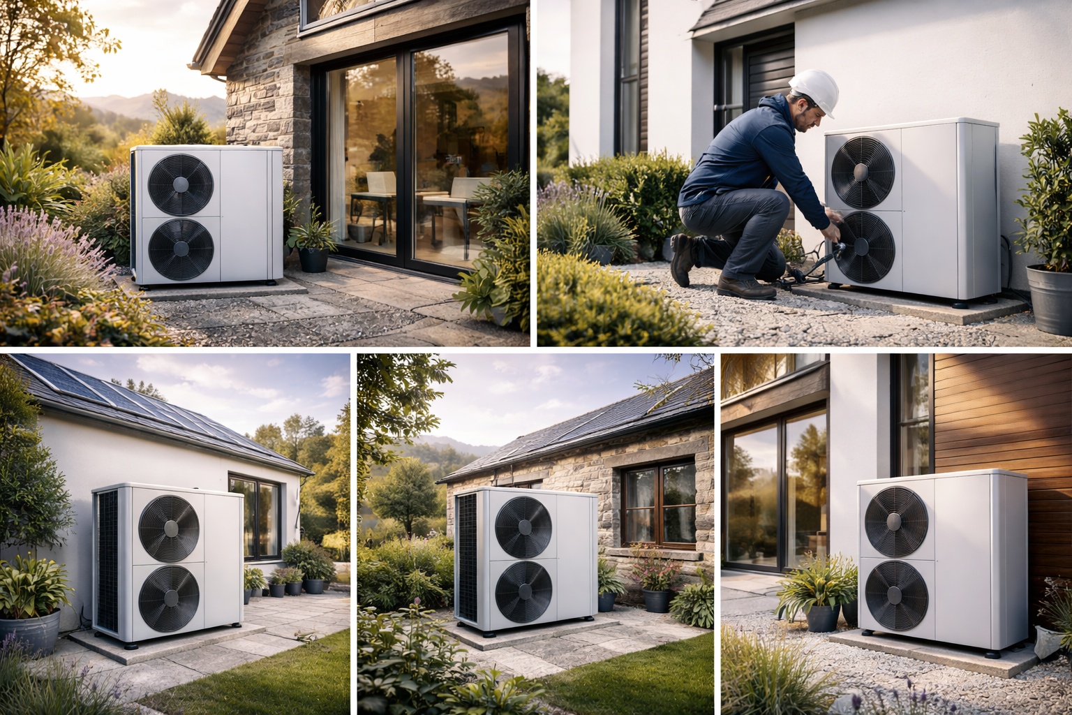 Modern air source heat pump installation outside Scottish home with dual fan units - renewable heating technology