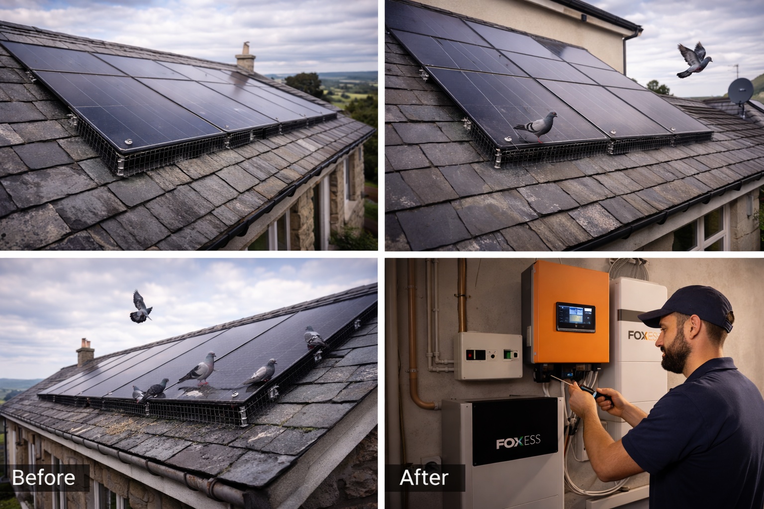 Solar panel bird protection mesh installation and inverter system setup - professional maintenance and wildlife prevention