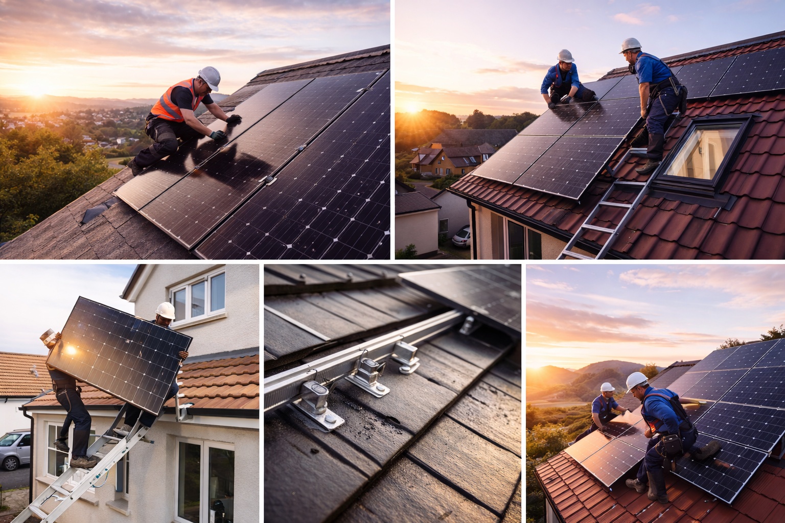Professional solar panel installation process on residential rooftop - certified installers fitting photovoltaic systems